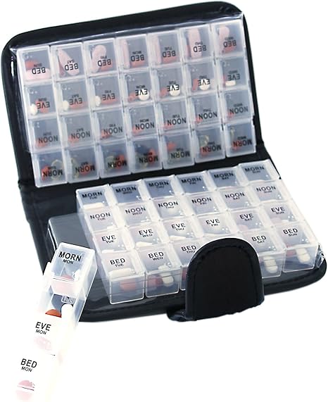 Smart Essentials 14 Day Pill & Vitamin Organizer 2 Weeks AM/PM 4 Doses a Day Travel Case Handy & Portable, Black, GM8283