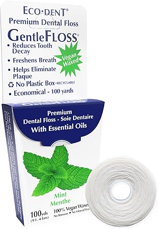 Eco-Dent GentleFloss Dental Floss, Waxed, Mint - Floss with Vegan Plant-Based Wax, Recyclable Cardboard Packaging, 100 Yds + DailyRinse Single-Use Pack