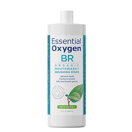 Essential Oxygen Certified BR Organic Brushing Rinse, All Natural Mouthwash for Whiter Teeth, Fresher Breath, and Happier Gums, Alcohol-Free Oral Care, Peppermint, 32 Ounce