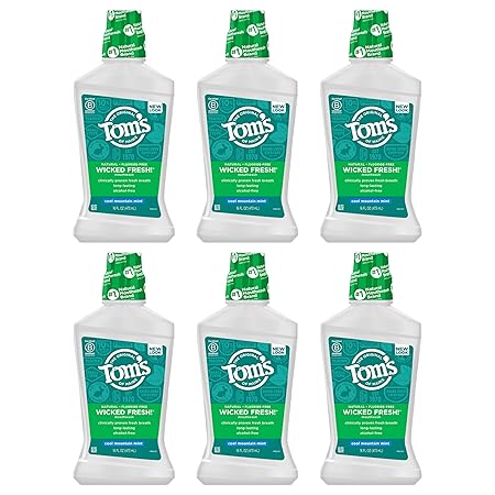 Tom's of Maine Natural Wicked Fresh Alcohol-Free Mouthwash, Cool Mountain Mint, 16 oz. 6-Pack (Packaging May Vary)