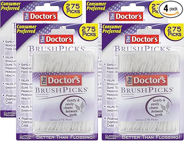 The Doctor's BrushPicks, Interdental Brushes and Dental Pick 2-in-1, Plaque Remover for Teeth, 275 Toothpicks, 4 Pack