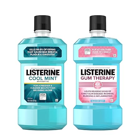 Listerine Cool Mint Antiseptic Mouthwash to Kill 99% of Bad Breath Germs and Gum Therapy Mouthwash in Glacier Mint to Help Reverse Signs of Early Gingivitis, Convenience Pack, 2 x 1 L