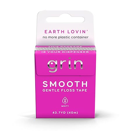 GRIN Smooth Floss Box, Gentle Floss Tape, 43.7 Yards (40M), Minty Flavor, Recyclable Packaging, 132 Feet of Gentle Floss Tape, No More Plastic Container, No Shredding or Breaking