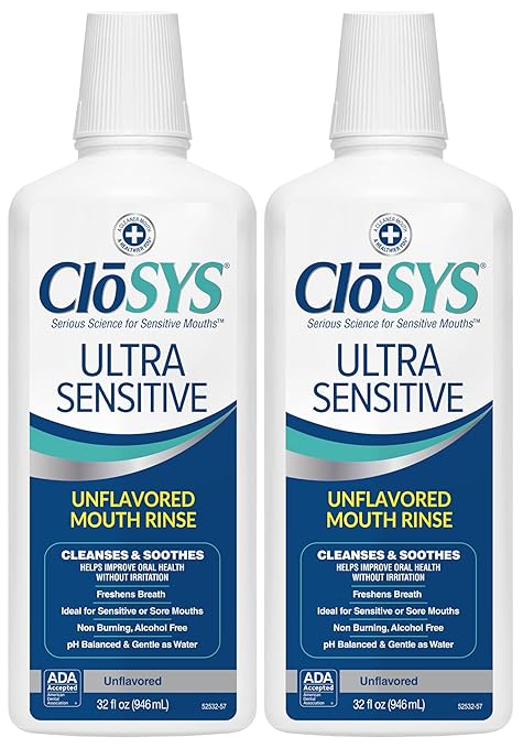 CloSYS Ultra Sensitive Mouthwash, Unflavored Alcohol Free, Dye Free, pH Balanced, Helps Soothe Entire Mouth – 32 Oz (Pack of 2)