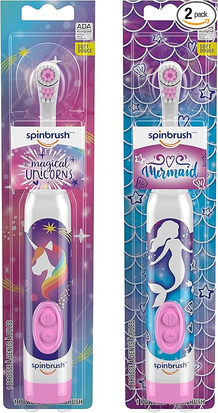 Spinbrush Mermaid & Unicorn Kids Toothbrush Value Pack, Battery-Powered Electric Toothbrush, Soft Bristles, Batteries Included, 2-Pack