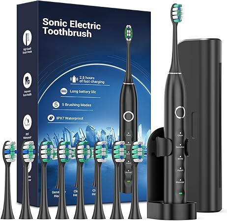 Rtauys S5 Upgraded Sonic Electric Toothbrush for Adults with 8 Brush Heads, IPX7 Travel Electric Toothbrush with Travel Case, 2.5 Hours Charge for 120 Days, 5 Modes with Built-in Smart Timer Black