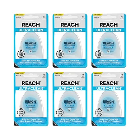 REACH Listerine Ultraclean Dental Floss 6-Pack, Plaque Remover, Shred Resistant, Waxed, Gentle on Gums & Teeth, Mint, PFAS-Free, Fresh Breath, Oral Care, for Adults & Kids, 180 yds