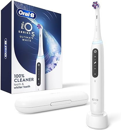 Oral-B iO Series 5 Ultimate White Rechargeable Electric Toothbrush with Visible Pressure Sensor, 2 Minute Timer, 5 Cleaning Settings, 1 Replacement Toothbrush Heads, and Travel Case, White