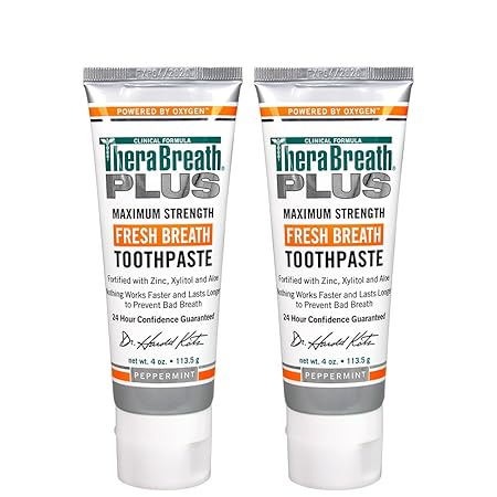 TheraBreath Plus Fresh Breath Maximum Strength 24-Hour Toothpaste with Zinc, Xylitol and Aloe, 4 Ounce (Pack of 2)