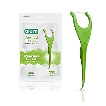 GUM Angled Floss Picks, Perfect for Tight Teeth, Extra Strong Shred-Resistant Dental Floss, Angled for Easy Reach, Dental Flossers for Adults, Fresh Mint Flavor, 75ct