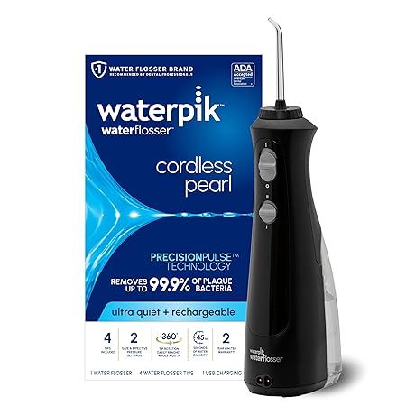 Waterpik Cordless Pearl Rechargeable Portable Water Flosser for Teeth, Gums, Braces Care and Travel with 4 Flossing Tips - ADA Accepted, WF-13 Black, Packaging May Vary