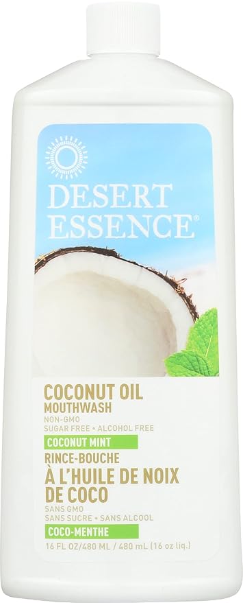 Desert Essence Coconut Oil Mouthwash - Coconut Mint - 16 Fl Ounce - Complete Oral Care - Refreshes Breathe - Virgin Coconut & Natural Mind Oil - Gum Health - Aloe Vera - Peppermint