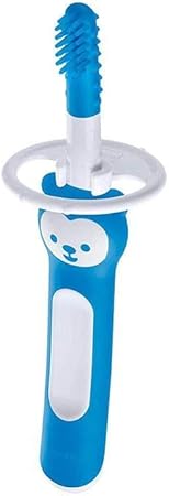 MAM Massaging Baby Toothbrush, Gum Cleaner and Massager with Brushy The Bear Character, Interactive App, for Boys 3+ Months, Ice Water