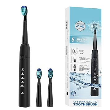 SEAGO Electric Toothbrush for Adults, Sonic Toothbrush Electric with 5 Modes, Smart Timer and IPX7 Waterproof, Rechargeable Electronic Toothbrush with 3 Electric Tooth Brush Heads,Black,SG-949 BLK