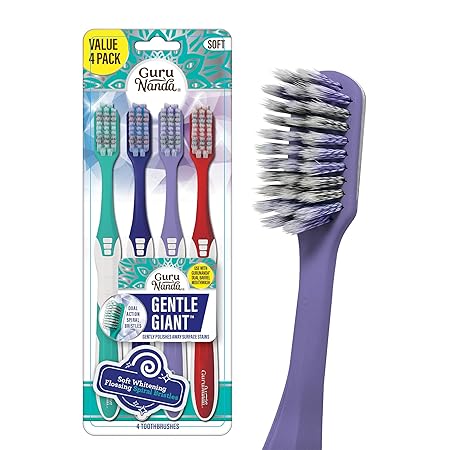 GuruNanda Gentle Giant Toothbrush with Dual Action Flossing Spiral Bristles, Non-Slip Ergo Dexa Grip, Helps in Teeth Whitening, BPA Free, (4 Count)