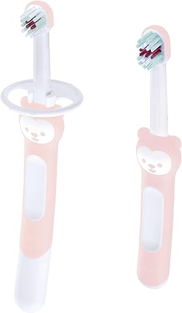 MAM Learn to Brush Set (1 Baby's Brush Toothbrush, 1 Training Brush, 1 Safety Shield), Baby Toothbrushes with Brushy The Bear, Interactive App, for Girls 5+ Months, Pink