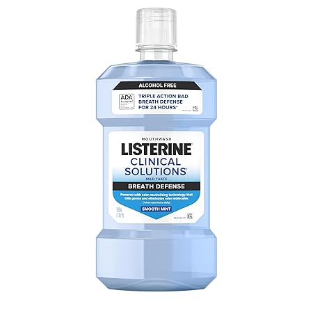 Listerine Clinical Solutions Breath Defense Zero Alcohol Mouthwash, Alcohol-Free Mouthwash with a Triple-Action Formula Fights Bad Breath for 24 Hours, Smooth Mint Oral Rinse, 500 mL