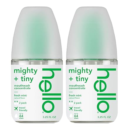 Hello Fresh Mint Mouthwash Concentrate, Alcohol Free for Bad Breath, Travel Size Mouthwash Made with Coconut Oil and Tea Tree Oil, Helps Freshen Breath, 2 Pack, 3.25 Oz Pump Bottles