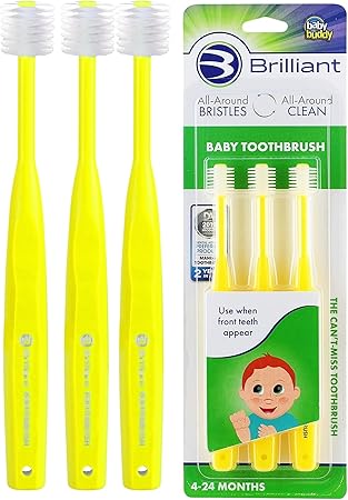 Brilliant Oral Care Baby Toothbrush with Soft Bristles and Round Head, for a Toddler Approved, Easy to Use All-Around Clean Mouth, Ages 0-2 Years, Yellow, 3 Pack