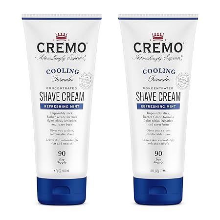 Cremo Barber Grade Cooling Shave Cream, Astonishingly Superior Ultra-Slick Shaving Cream Fights Nicks, Cuts And Razor Burn, 6 Fl Oz (2 Pack), WHITE