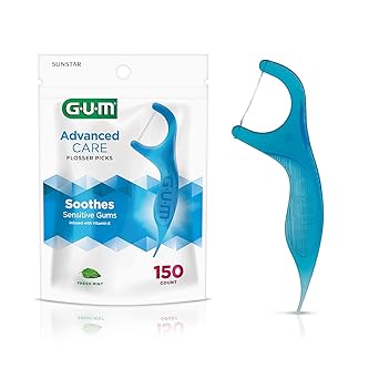 GUM Advanced Care Floss Picks - Dental Flossers for Adults with Vitamin E and Fluoride - Extra Strong Shred-Resistant Dental Floss, Easy Grip Handle, Fresh Mint Flavor, 150 ct (4pk)