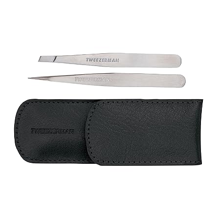 Tweezerman Petite Tweeze Set with Travel Case - Point and Slant Tweezers, Tweezers for Travel (Black Case)