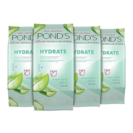 POND'S Vitamin Micellar Makeup Remover Wipes for Dry Skin, Skin Care Hydrating Aloe Vera Daily Face Wipes Remove Dirt, Waterproof Makeup, 25 Count, 4 Pack