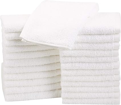 Amazon Basics washcloth for bathroom, 100% Cotton Extra Absorbent , Fast Drying - salon towels - 24-Pack, White, 12 x 12 inches