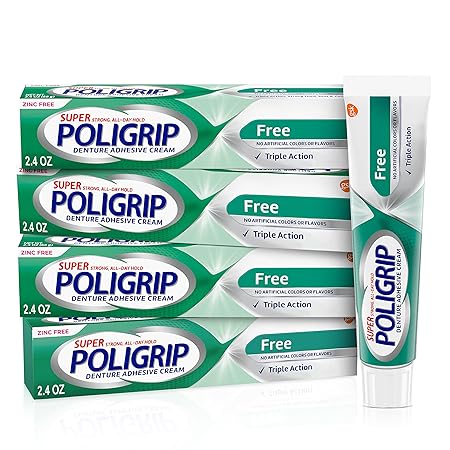 Super Poligrip Zinc Free Denture and Partials Adhesive Cream, 2.4 ounce (Pack of 4)