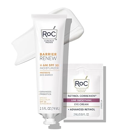 RoC Barrier Renew Day Cream with SPF 30, Moisturizer with Ceramides & Prebiotics to Protect Skin Barrier, (2.5 oz) with Retinol Eye Cream Packette