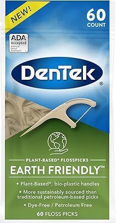 DenTek Earth Friendly Floss Picks, Organic Plant-Based bio-Plastic Handles, Mint, 60 Count