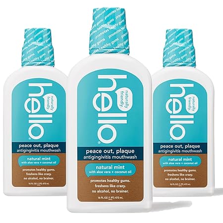 Hello Peace Out Plaque, Antigingivitis Alcohol Free Mouthwash, Natural Mint with Aloe Vera and Coconut Oil, Fluoride Free, Vegan, SLS Free and Gluten Free, 16 Ounce (Pack of 3)