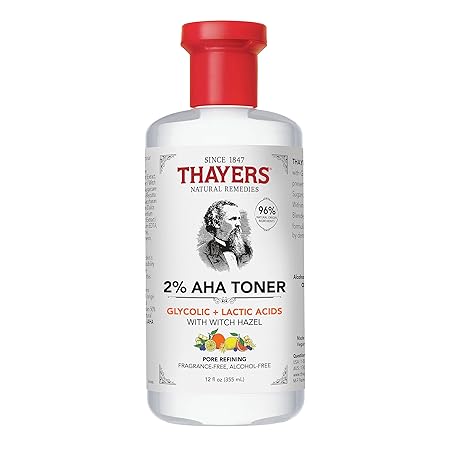 Thayers 2% AHA Exfoliating Toner with Glycolic Acid, Lactic Acid and Witch Hazel, Smoothing and Pore Refining Skin Care for All Skin Types, 12 Fl Oz