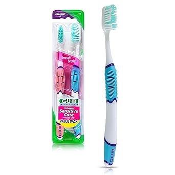 GUM Technique Sensitive Care Toothbrush with Quad-Grip Handle, Full Head & Ultra Soft Dome Trim Bristles for Plaque Removal That’s Gentle on Gums, 2ct