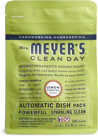 MRS. MEYER'S CLEAN DAY Lemon Verbena Dishwasher Pods, 5 pounds (Pack of 20) | 20 Count