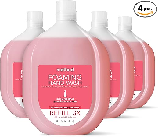 Method Pink Grapefruit Foaming Hand Soap Refill, 28 fl oz (Pack of 4) | Recyclable Bottle | Biodegradable Formula