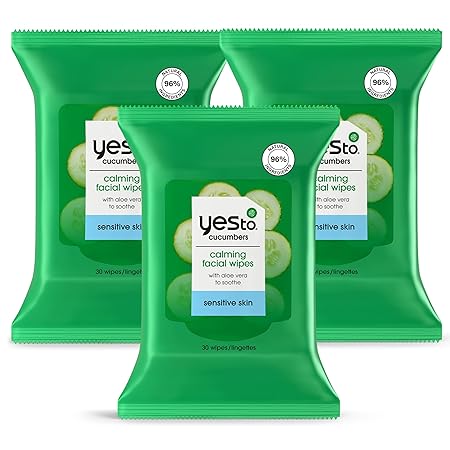 Yes To Face Wipes for Women and Men, Sensitive Facial Cleansing Wipes for use as a MakeUp Remover, Cleaning, Soothing, Cucumbers (Pack of 3)