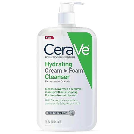 CeraVe Hydrating Cream To Foam Facial Cleanser, 19 Fluid Ounce (Pack of 1) | Makeup Remover, Hydrating, Hyaluronic Acid | Dry Skin, Normal To Dry Skin