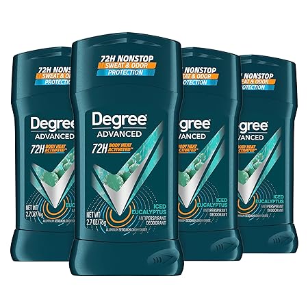 Degree Men Advanced Antiperspirant Deodorant Stick Ice Eucalyptus 4 Count 72-Hour Sweat and Odor Protection Deodorant for Men with Body Heat Activated Technology 2.7 oz