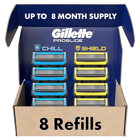 Gillette Mens Razor Blade Refills, 4 ProGlide Chill Cartridges, 4 ProGlide Shield Cartridges, Shields against Skin Irritation, Cools to sooth skin, 8 Count (Pack of 1)