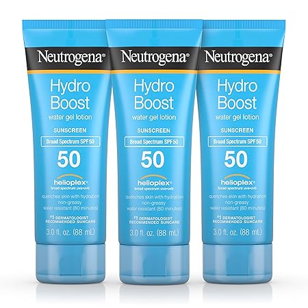 Neutrogena Hydro Boost Moisturizing Water Gel Sunscreen Lotion with Broad Spectrum SPF 50, Water-Resistant & Non-Greasy Hydrating Sunscreen Lotion, Oil-Free, 3 fl. oz, Pack of 3