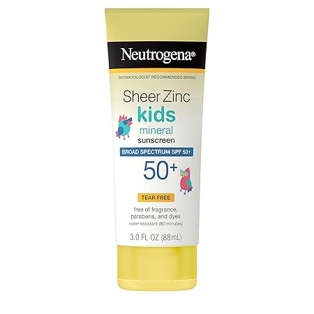 Neutrogena Kids Mineral Sunscreen Sheer Zinc Oxide Lotion, Broad Spectrum SPF 50 with UVA/UVB Protection, Water Resistant for 80 Minutes, Fragrance and Tear Free, 3 FL OZ