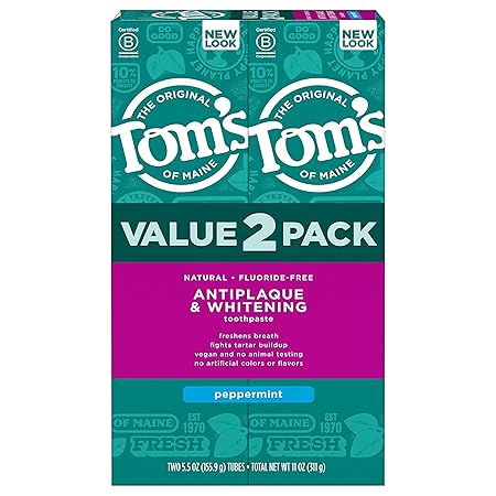 Tom's of Maine Fluoride-Free Antiplaque & Whitening Natural Toothpaste, Peppermint, 5.5 oz. (Pack of 2)