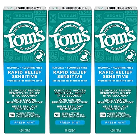 Tom's of Maine Fluoride-Free Rapid Relief Sensitive Toothpaste, Fresh Mint, 4 oz. 3-Pack (Packaging May Vary)