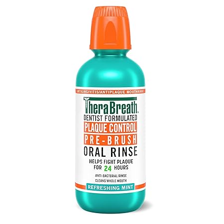 TheraBreath Plaque Control Pre-Brush Oral Rinse, Refreshing Mint Flavor, Antigingivitis and Antiplaque Rinse, Dentist Formulated, Alcohol Free, 16 Fl Oz