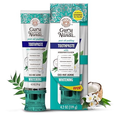 GuruNanda Hydroxyapatite Toothpaste, SLS & Fluoride Free, Whitening Toothpaste - Freshens Breath, Fights Plaque - Natural CocoMint Jasmine Neem, 4.2oz