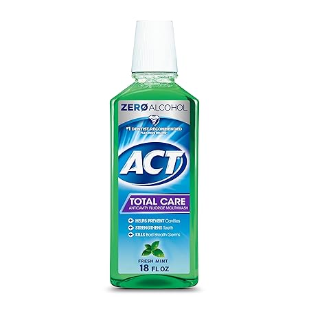 ACT Total Care Zero Alcohol Anticavity Fluoride Mouthwash 18 fl. oz. Kills Bad Breath Germs, Fresh Mint