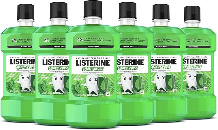 Listerine Smart Rinse Kids Mouthwash, ADA Accepted, Alcohol-Free Anticavity Sodium Fluoride Mouthwash, Oral Rinse for Dental Cavity Protection, Mint Shield Flavor for Children's Oral Care, 500 mL