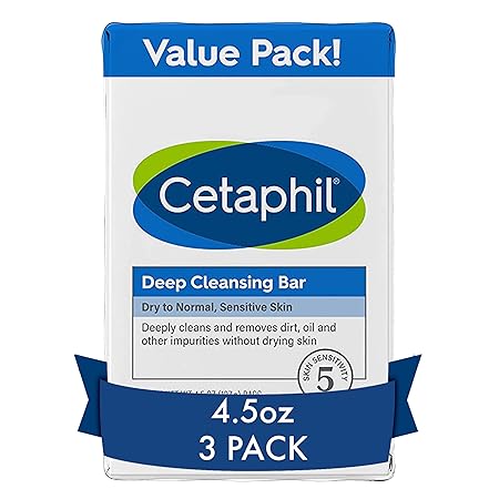 Cetaphil Deep Cleansing Face and Body Bar Soap, 1.02 pounds (Pack of 3) | dry to normal, sensitive skin | soap free, hypoallergenic, paraben free | removes makeup, dirt and oil