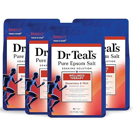 Dr Teal's Pure Epsom Salt Soak, Wellness Therapy with Rosemary & Mint, 3 lbs (Pack of 4) (Packaging May Vary)